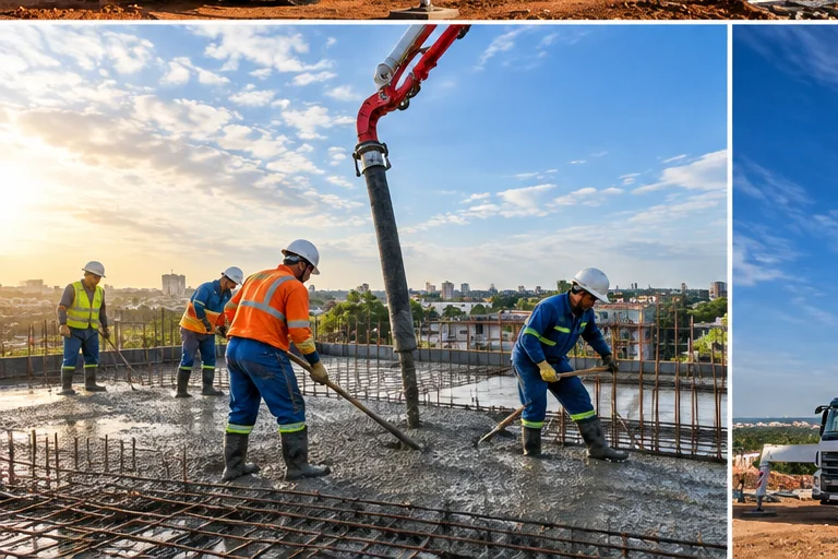 Bomba lança de concreto em concretagem de laje